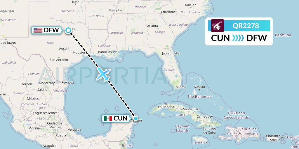 QR2278 Qatar Airways Flight Map: Cancun to Dallas