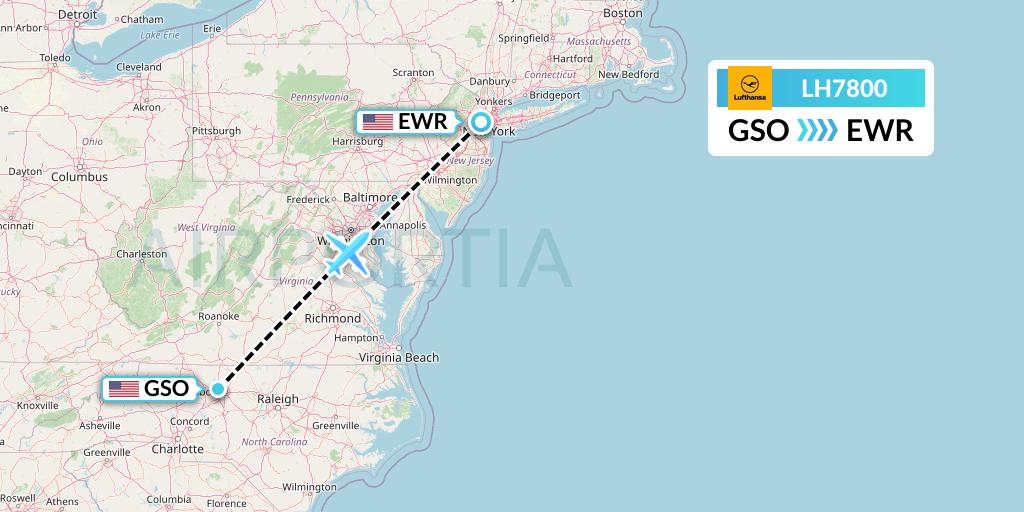 LH7800 Lufthansa Flight Map: Greensboro to New York