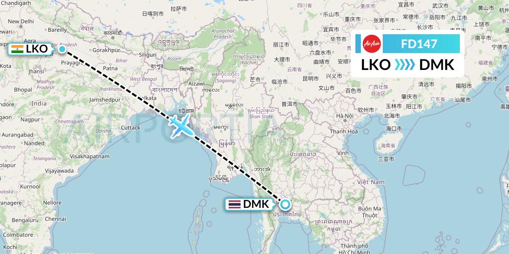FD147 Thai AirAsia Flight Map: Lucknow to Bangkok