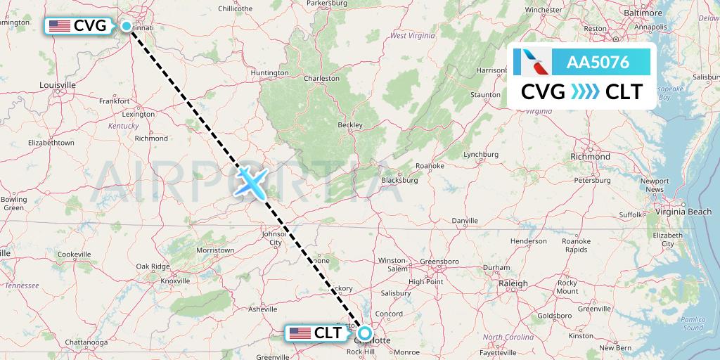 AA5076 American Airlines Flight Map: Cincinnati to Charlotte