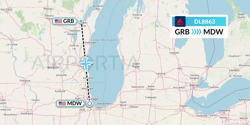 DL8863 Delta Air Lines Flight Map: Green Bay to Chicago