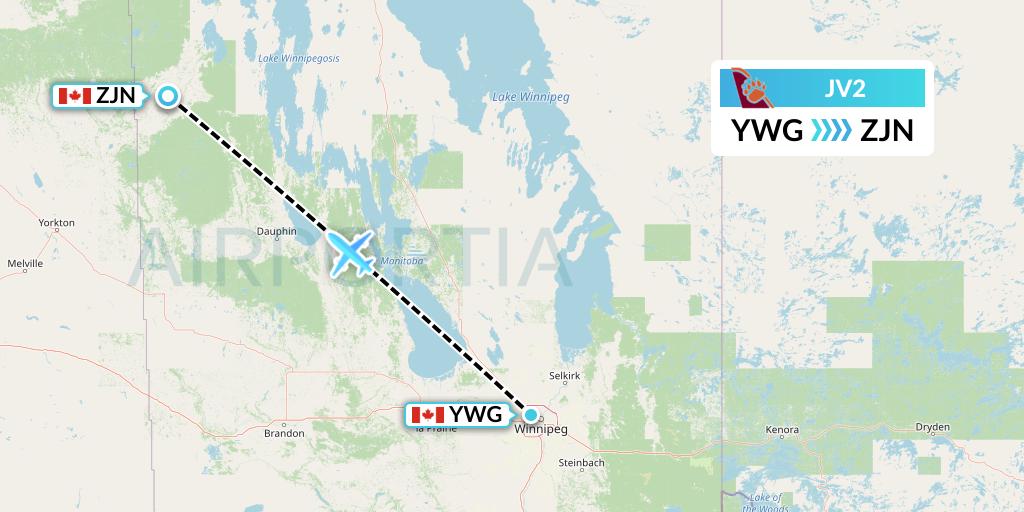 JV2 Bearskin Airlines Flight Map: Winnipeg to Swan River