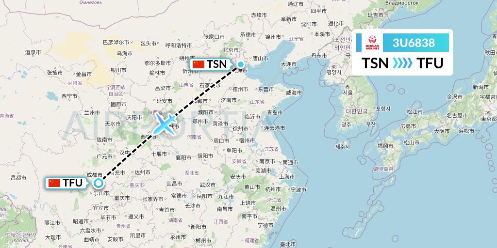 3U6838 Sichuan Airlines Flight Map: Tianjin to Chengdu