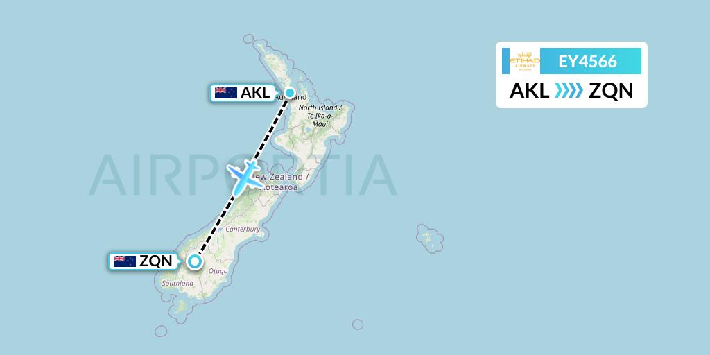 EY4566 Etihad Airways Flight Map: Auckland to Queenstown