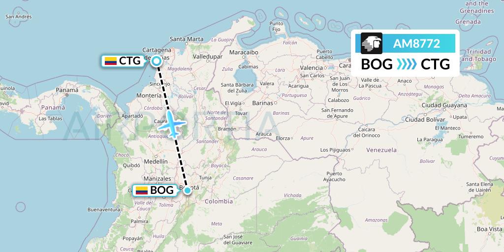 AM8772 Aeromexico Flight Map: Bogota to Cartagena