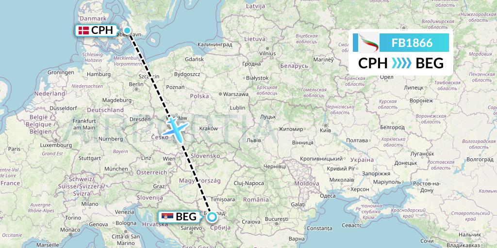 FB1866 Bulgaria Air Flight Map: Copenhagen to Belgrade