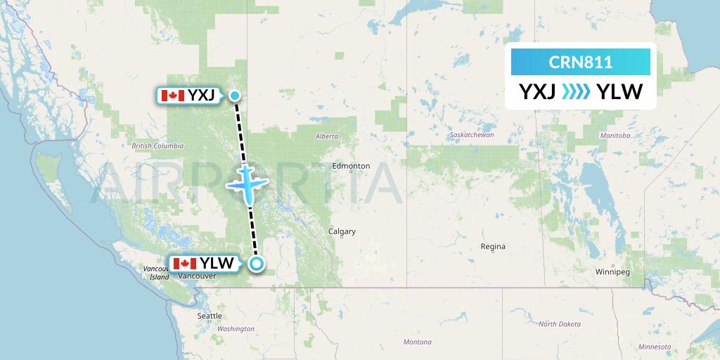 CRN811 Aerocaribbean Flight Map: Fort St. John to Kelowna