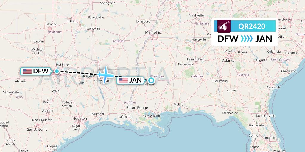 QR2420 Qatar Airways Flight Map: Dallas to Jackson