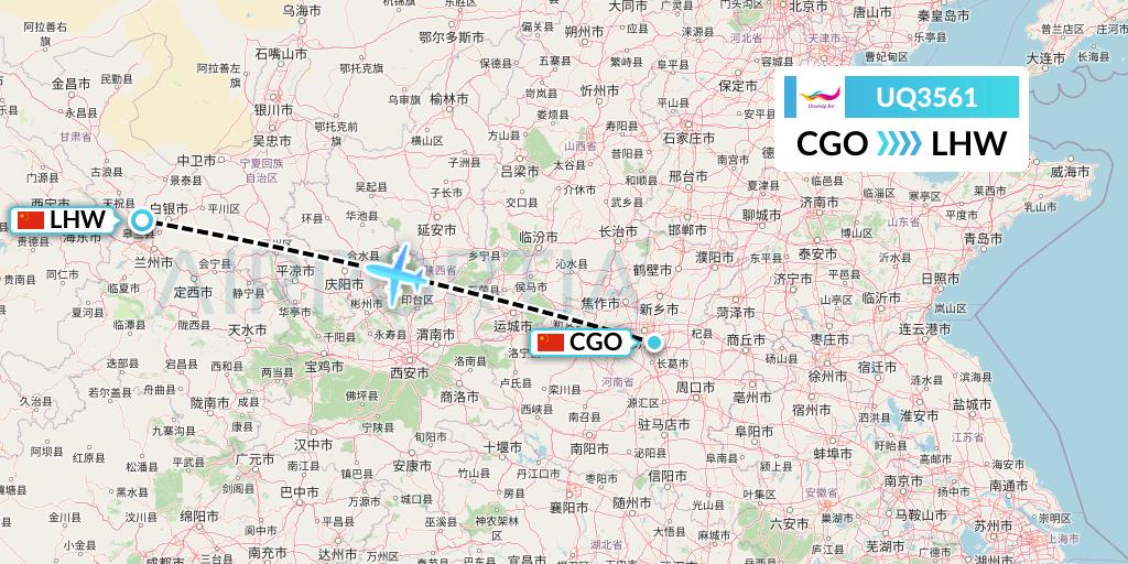 UQ3561 Urumqi Airlines Flight Map: Zhengzhou to Lanzhou