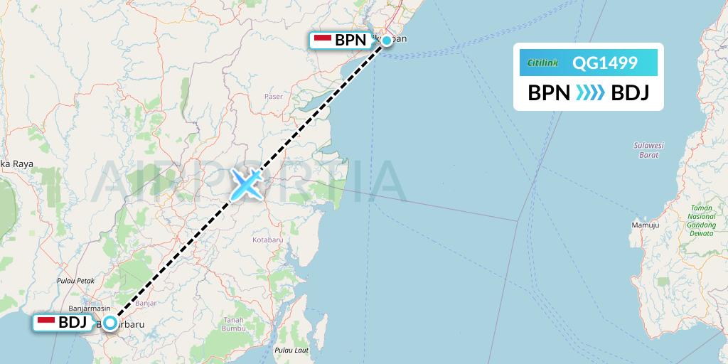 QG1499 Citilink Flight Map: Balikpapan to Banjarmasin