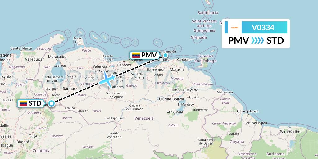 V0334 Conviasa Flight Map: Porlamar to Santo Domingo