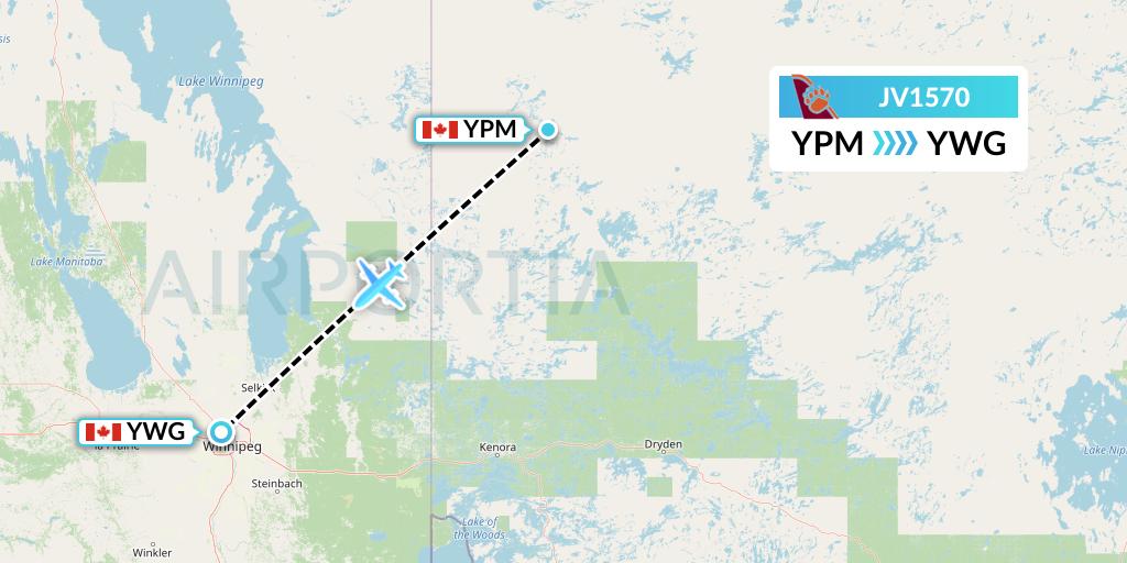 JV1570 Bearskin Airlines Flight Map: Pikangikum to Winnipeg