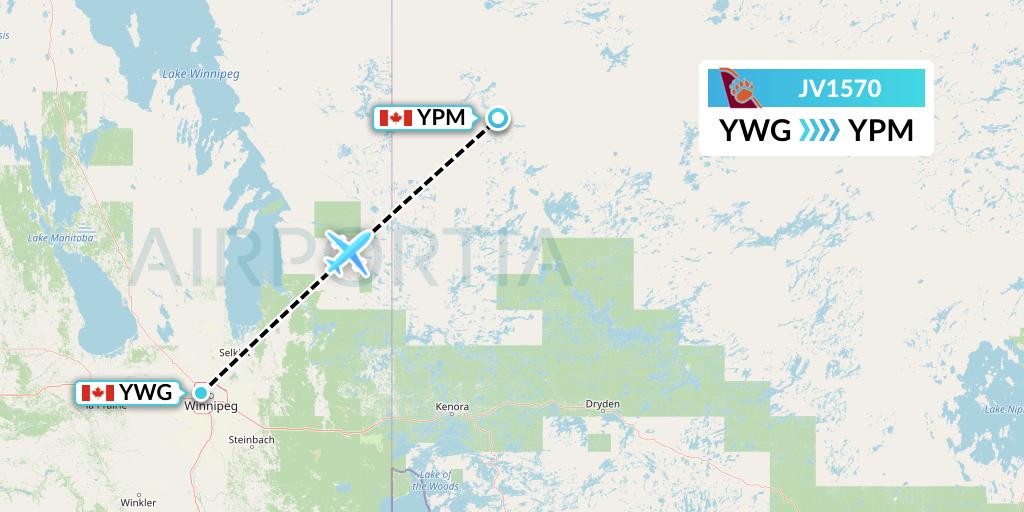 JV1570 Bearskin Airlines Flight Map: Winnipeg to Pikangikum