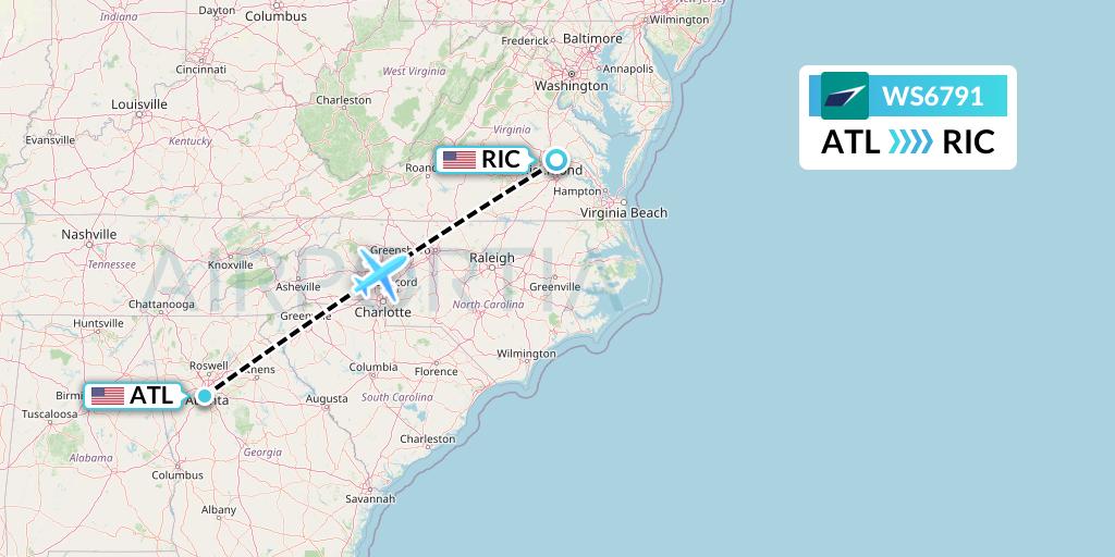 WS6791 WestJet Flight Map: Atlanta to Richmond