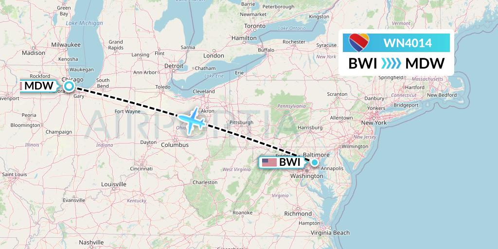 WN4014 Southwest Airlines Flight Map: Baltimore to Chicago