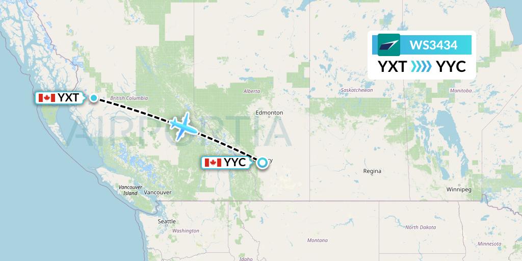 WS3434 WestJet Flight Map: Terrace to Calgary