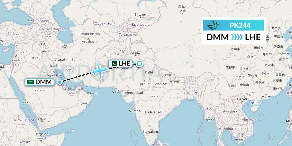 PK244 Pakistan International Airlines Flight Map: Dammam to Lahore