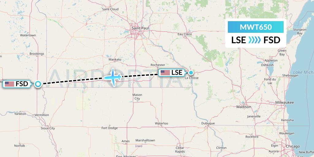 MWT650 Midwest Aviation Division Flight Map: La Crosse to Sioux Falls