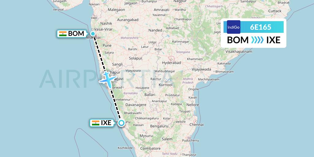 6E165 IndiGo Airlines Flight Map: Mumbai to Mangalore