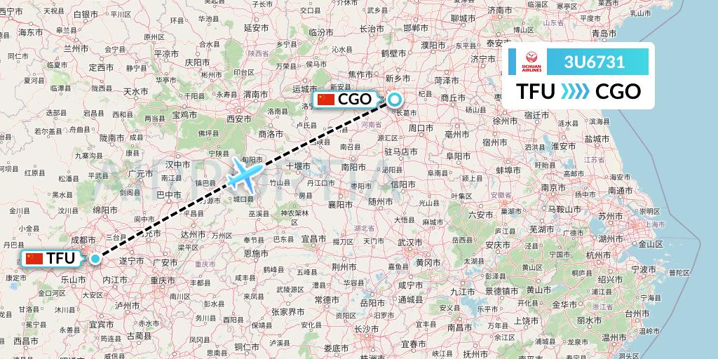 3U6731 Sichuan Airlines Flight Map: Chengdu to Zhengzhou