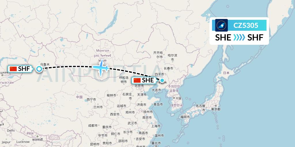 CZ5305 China Southern Airlines Flight Map: Shenyang to Shihezi