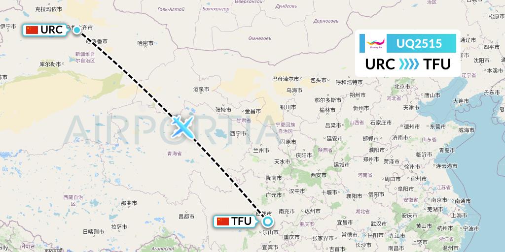 UQ2515 Urumqi Airlines Flight Map: Urumqi to Chengdu