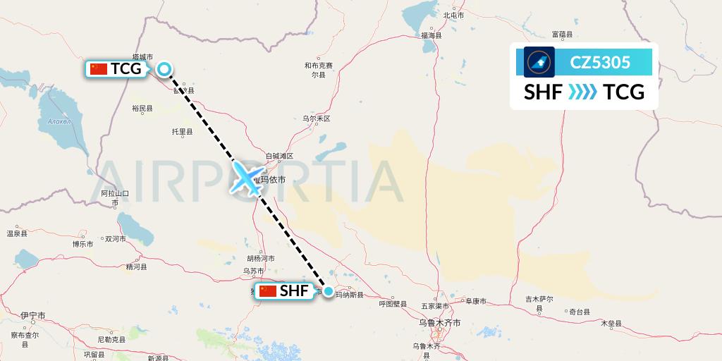 CZ5305 China Southern Airlines Flight Map: Shihezi to Tacheng