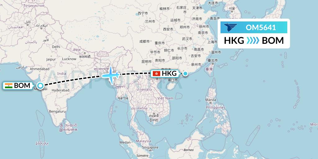 OM5641 MIAT Mongolian Airlines Flight Map: Hong Kong to Mumbai
