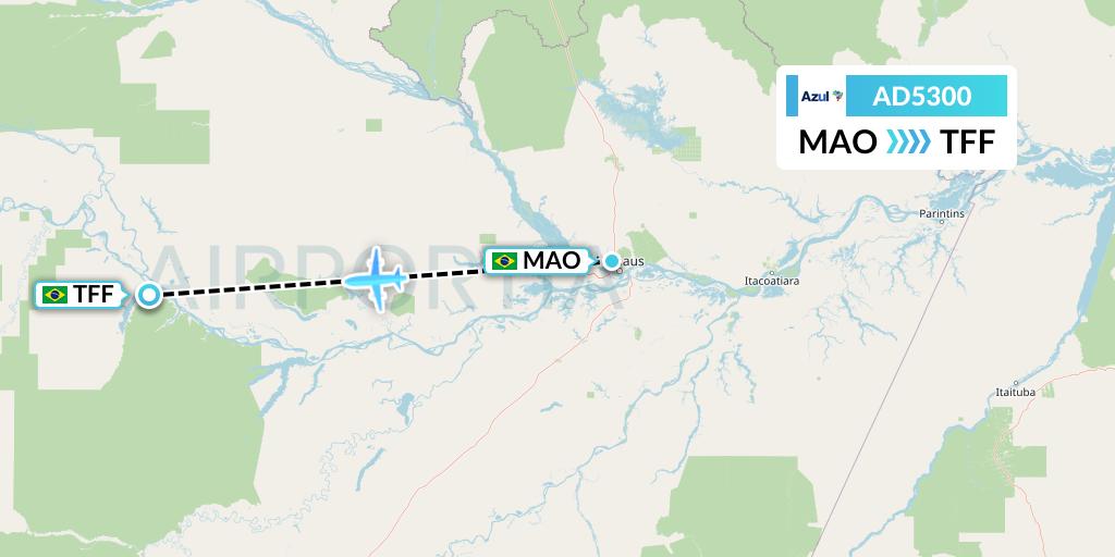 AD5300 Azul Brazilian Airlines Flight Map: Manaus to Tefe