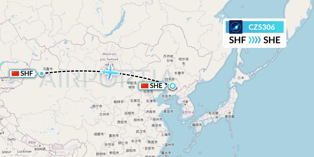 CZ5306 China Southern Airlines Flight Map: Shihezi to Shenyang