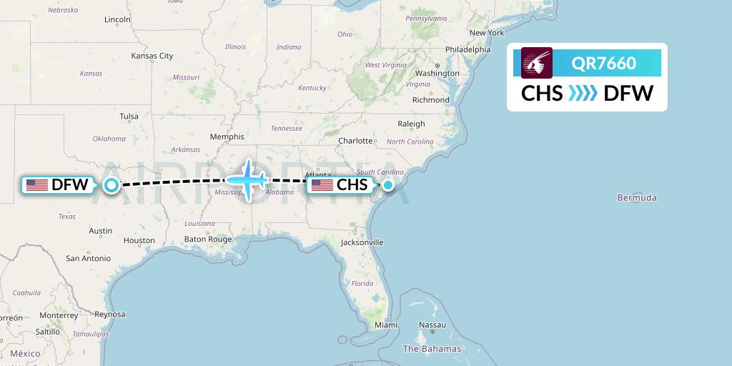 QR7660 Qatar Airways Flight Map: Charleston to Dallas