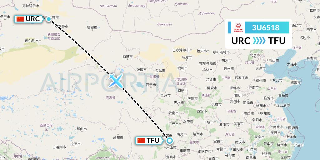 3U6518 Sichuan Airlines Flight Map: Urumqi to Chengdu