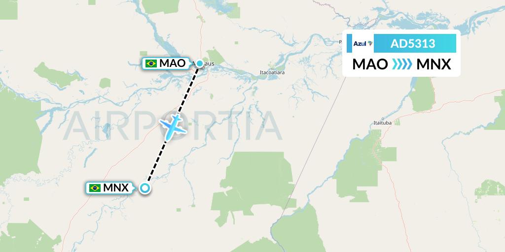 AD5313 Azul Brazilian Airlines Flight Map: Manaus to Manicore