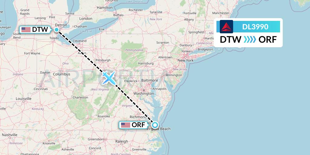 DL3990 Delta Air Lines Flight Map: Detroit to Norfolk