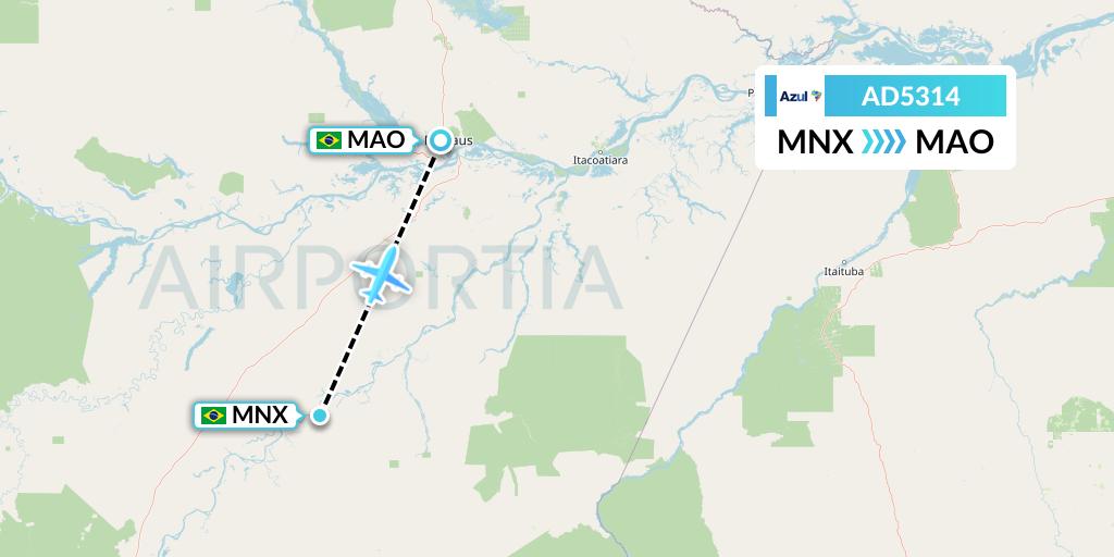 AD5314 Azul Brazilian Airlines Flight Map: Manicore to Manaus