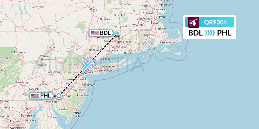 QR9304 Qatar Airways Flight Map: Windsor Locks to Philadelphia