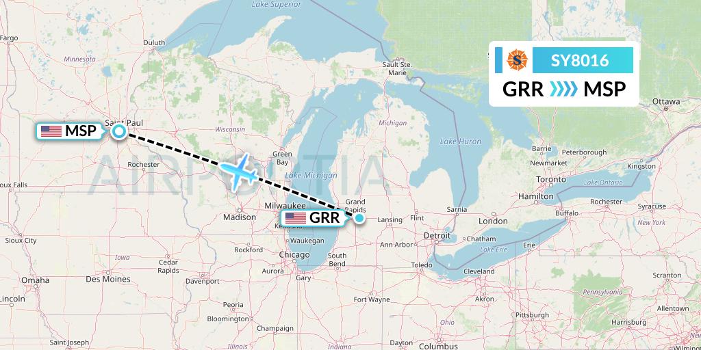 SY8016 Sun Country Airlines Flight Map: Grand Rapids to Minneapolis