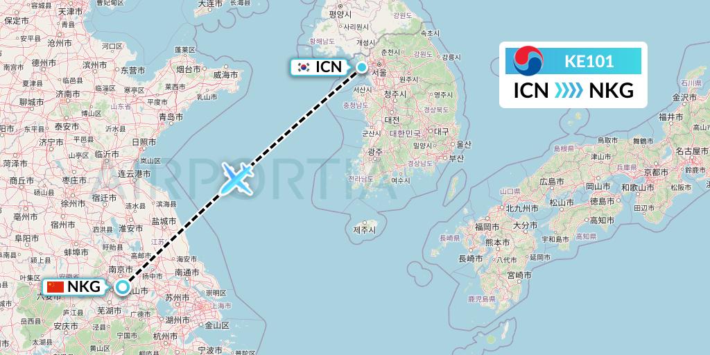 KE101 Korean Air Flight Map: Seoul to Nanjing
