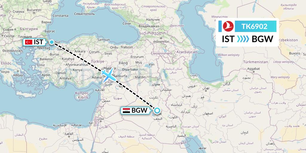 TK6902 Turkish Airlines Flight Map: Istanbul to Baghdad