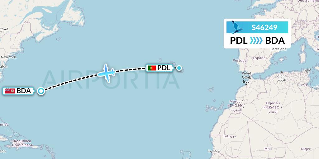 S46249 Azores Airlines Flight Map: Ponta Delgada to Bermuda