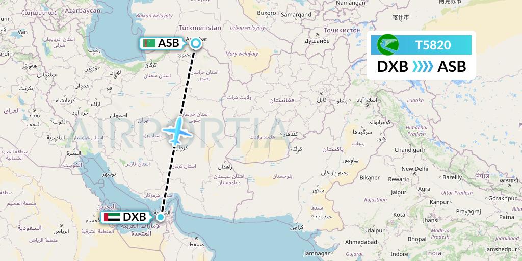 T5820 Turkmenistan Airlines Flight Map: Dubai to Ashgabat