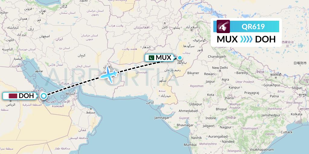 QR619 Qatar Airways Flight Map: Multan to Doha