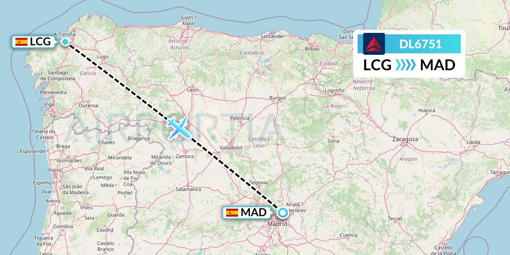 DL6751 Delta Air Lines Flight Map: A Coruna to Madrid