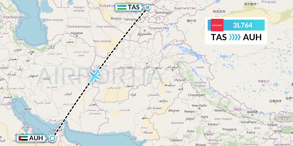 3L764 Air Arabia Abu Dhabi Flight Map: Tashkent to Abu Dhabi