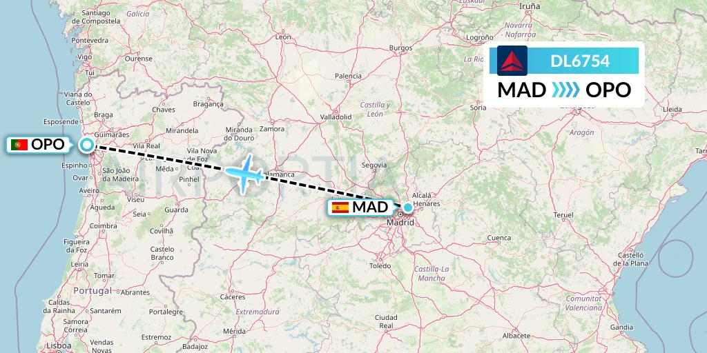 DL6754 Delta Air Lines Flight Map: Madrid to Porto