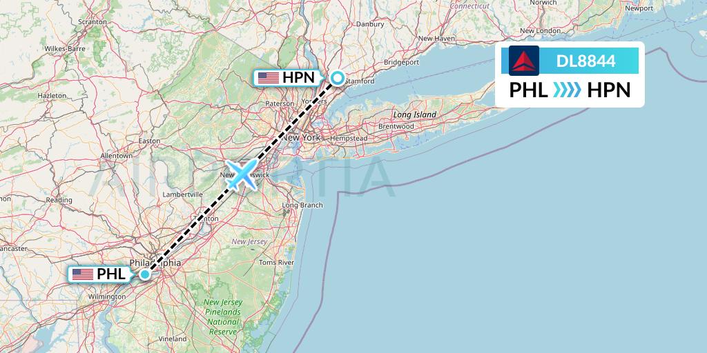 DL8844 Delta Air Lines Flight Map: Philadelphia to White Plains