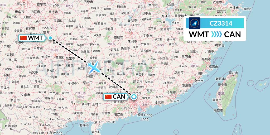 CZ3314 China Southern Airlines Flight Map: Zunyi to Guangzhou