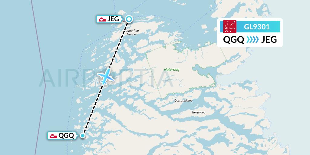 GL9301 Air Greenland Flight Map: Attu to Aasiaat