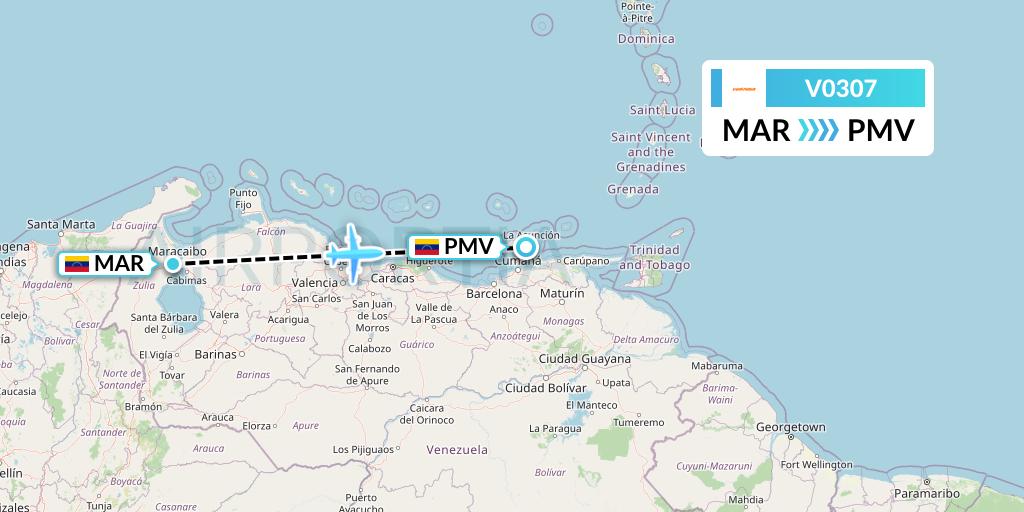 V0307 Conviasa Flight Map: Maracaibo to Porlamar