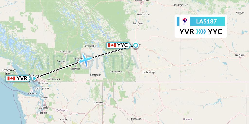 LA5187 LAN Airlines Flight Map: Vancouver to Calgary